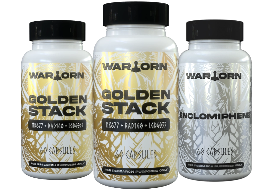 2 x Golden Stack and 1 x Enclomiphene research compound bottles